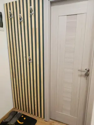 a closet with a door with stripes on it at Apartments Sunny in Becici