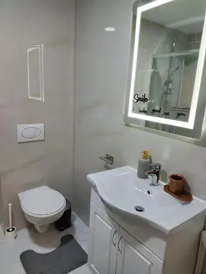 a bathroom with a sink and a toilet and a mirror at Apartments Sunny in Becici