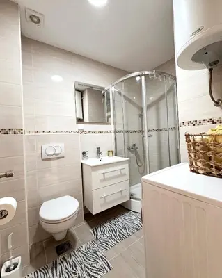 a bathroom with a shower and a toilet and a sink at Cozy seaside studio in Bar