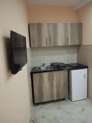 a small kitchen with a sink and a refrigerator at Grandino Rooms & Apartments in Ulcinj