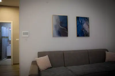 a living room with a couch and two paintings on the wall at Posh Residence Podgorica in Podgorica