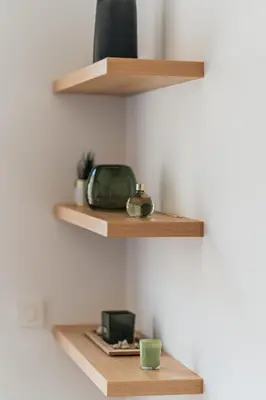 two wooden shelves on a wall with a green coffee mug at The View - Apartment with Pool in Blizikuće