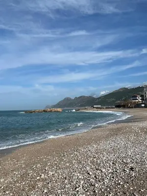 a rocky beach with the ocean and mountains in the background at Apartment Hrubosovic Dobra voda in Dobra Voda