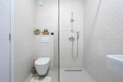 a white bathroom with a shower and a toilet at Quince Apartments in Podgorica