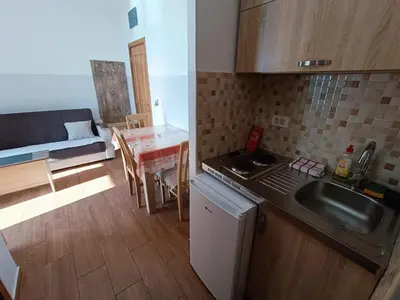 a kitchen with a sink and a table in a room at Apartmani Šaltić in Sutomore