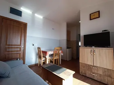 a living room with a bed and a table with chairs at Apartmani Šaltić in Sutomore