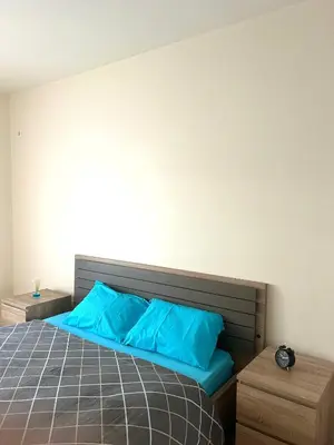 a bedroom with a bed with blue pillows at Elegant apt in Central Point in Podgorica