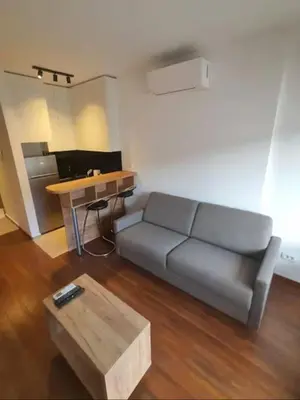 a living room with a couch and a table at Master Quart studio apartment in Podgorica