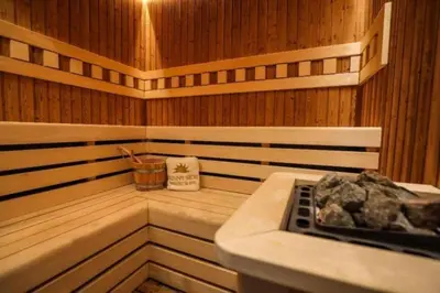 a sauna with a stove in the middle of it at Maris View in Becici