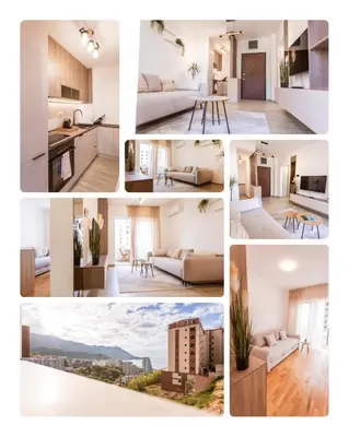 a collage of photos of a living room and a kitchen at Maris View in Becici