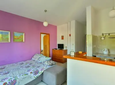 a bedroom with a bed and a purple wall at Villa Marković 2 in Sutomore