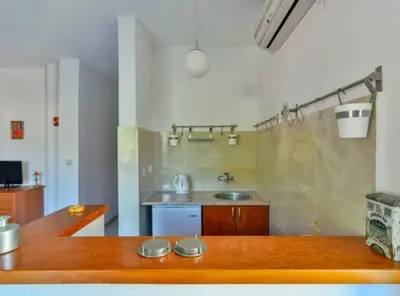 a kitchen with a wooden counter and a sink at Villa Marković 2 in Sutomore