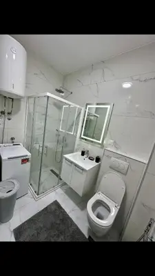 a bathroom with a shower and a toilet and a sink at Garsonjera studio in Bar