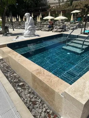 a swimming pool with a statue next to some chairs at Hotel SPICH Biserna Obala Čanj in Čanj