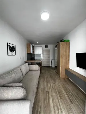 a living room with a couch and a kitchen at Apartment Montenegro Becici in Becici