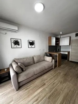 a living room with a couch and a kitchen at Apartment Montenegro Becici in Becici