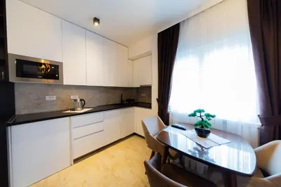 a kitchen with white cabinets and a table with a potted plant at Lamadu Residence in Sutomore