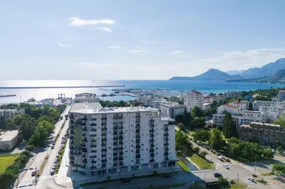 an aerial view of a city with a large building at Sunny View in Bar