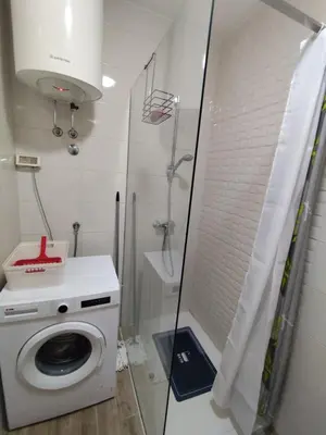 a bathroom with a washing machine and a shower at Apartman City kvart Podgorica 2 in Podgorica