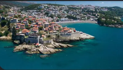 an aerial view of a small island in the water at Grandino rooms& apartments in Ulcinj