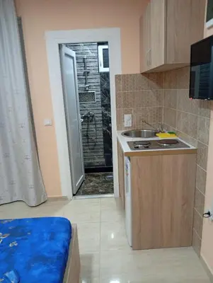 a small kitchen with a sink and a shower at Grandino holidays rooms&appart in Ulcinj