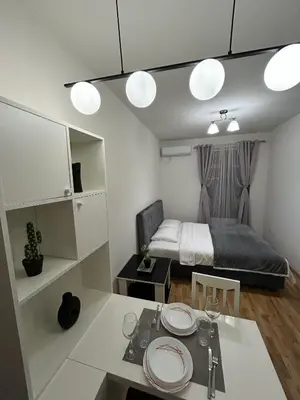 a small room with a bed and a dining table at Urban studio City kvart in Podgorica