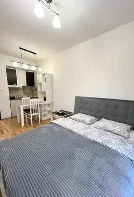 a bedroom with a large bed and a table at Urban studio City kvart in Podgorica