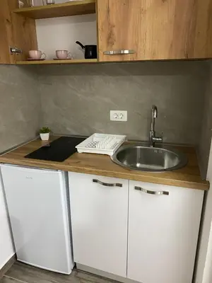 a kitchen with a sink and a counter top at Vila Seawolf Apartments in Sutomore