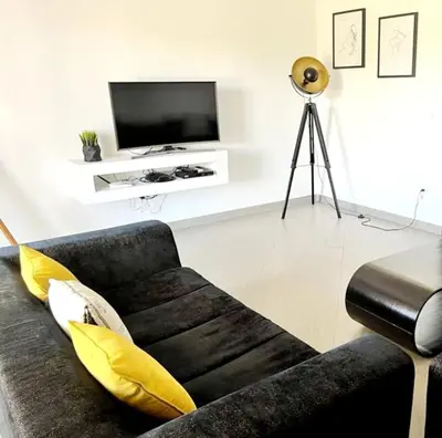 a living room with a couch and a television at Le Domaine paradise