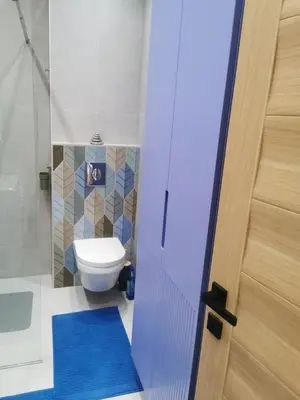 a bathroom with a toilet and a blue rug at OLIVA RESIDENCe in Petrovac na Moru
