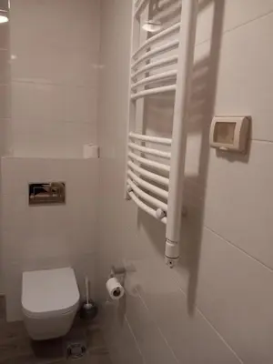 a white bathroom with a toilet and a toilet paper dispenser at City kvart apartman in Podgorica