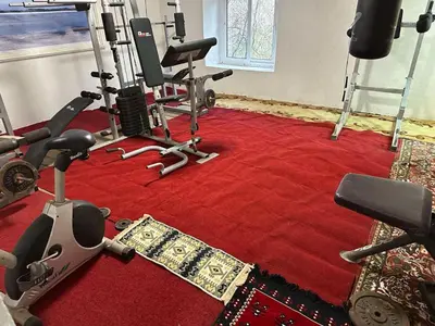 a gym with exercise equipment on a red carpet at Etno Village Revival