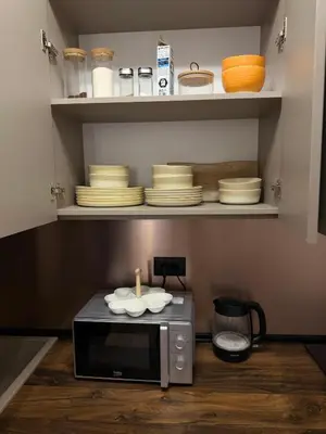 a microwave oven with plates and bowls on top of it at Montenegro Platinum Suite - New City in Podgorica