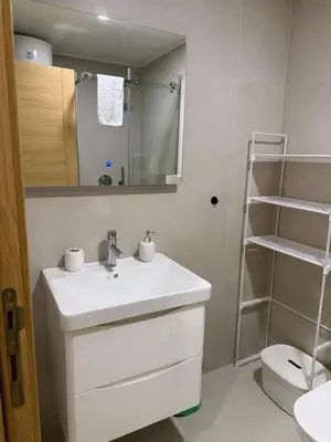 a bathroom with a sink and a mirror and a toilet at Montenegro Platinum Suite - New City in Podgorica