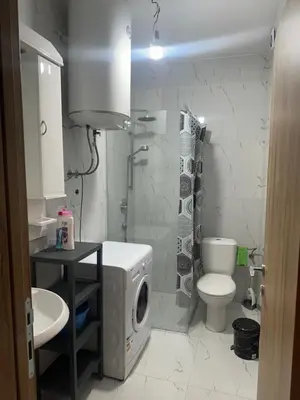 a bathroom with a washing machine and a toilet at Rose Stay Podgorica in Podgorica