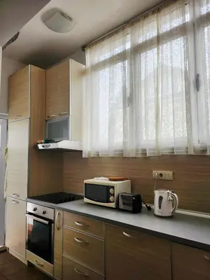 a kitchen with a counter with a toaster and a microwave at MWA - City Soul Podgorica in Podgorica