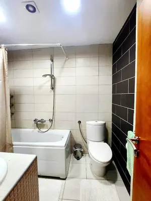 a bathroom with a toilet and a bath tub at MWA - City Soul Podgorica in Podgorica