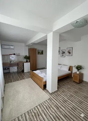 a bedroom with a bed and a desk in a room at Apartmani S in Dobra Voda