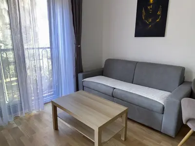 a living room with a couch and a coffee table at Bozovic Apartman 2 in Budva