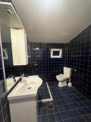 a blue tiled bathroom with a sink and a toilet at Kuca in Lajkovići