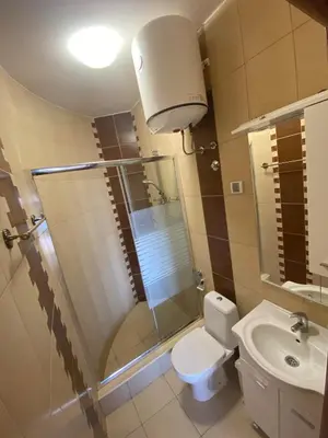 a bathroom with a shower and a toilet and a sink at Apartament Nadia DUBRAVA BAR in Dobra Voda