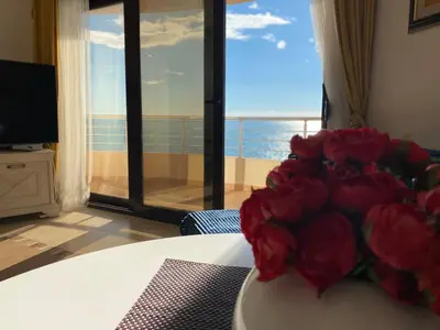 a vase of red flowers sitting on a table at Apartament Nadia DUBRAVA BAR in Dobra Voda