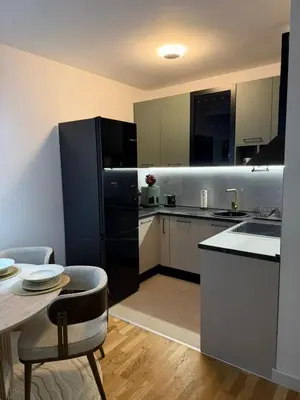 a kitchen with a table and a black refrigerator at Aurora apartment in Cetinje