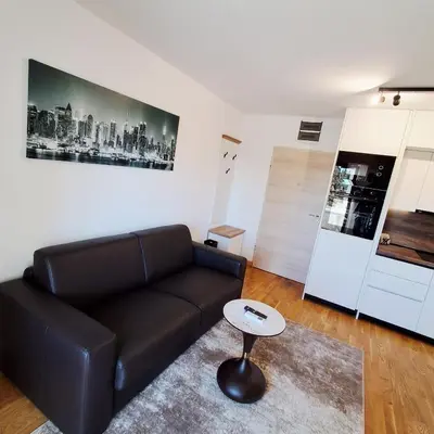 a living room with a black couch and a table at Luxury Apartment-Aurora 33 Free Parking City Center in Podgorica