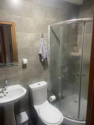 a bathroom with a shower and a toilet and a sink at Modern 1BR Apartment in Ljubović Podgorica in Podgorica