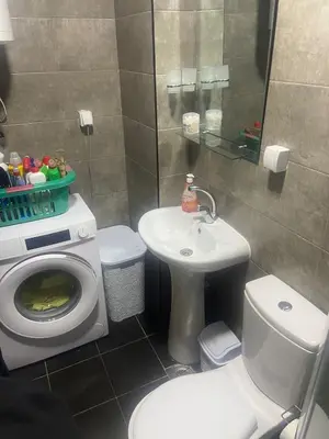 a bathroom with a toilet sink and a washing machine at Modern 1BR Apartment in Ljubović Podgorica in Podgorica