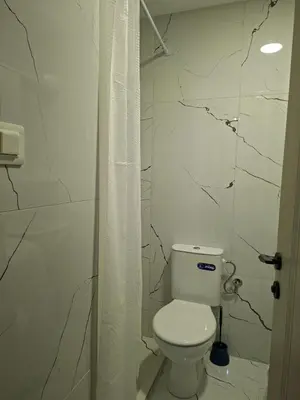 a bathroom with a toilet and a marble wall at Apartman Asia in Podgorica