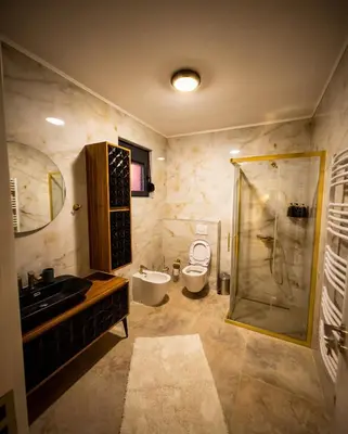 a bathroom with a shower and a sink and a toilet at Luxury Villa Bar in Bar