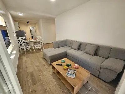 a living room with a couch and a table at Apartment Under the Palm Tree in Budva