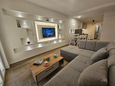 a living room with a couch and a table at Apartment Under the Palm Tree in Budva